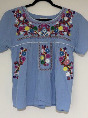 Yzxdorwj Blue Embroidered Festival Hippie Cotton Blouse Size Large